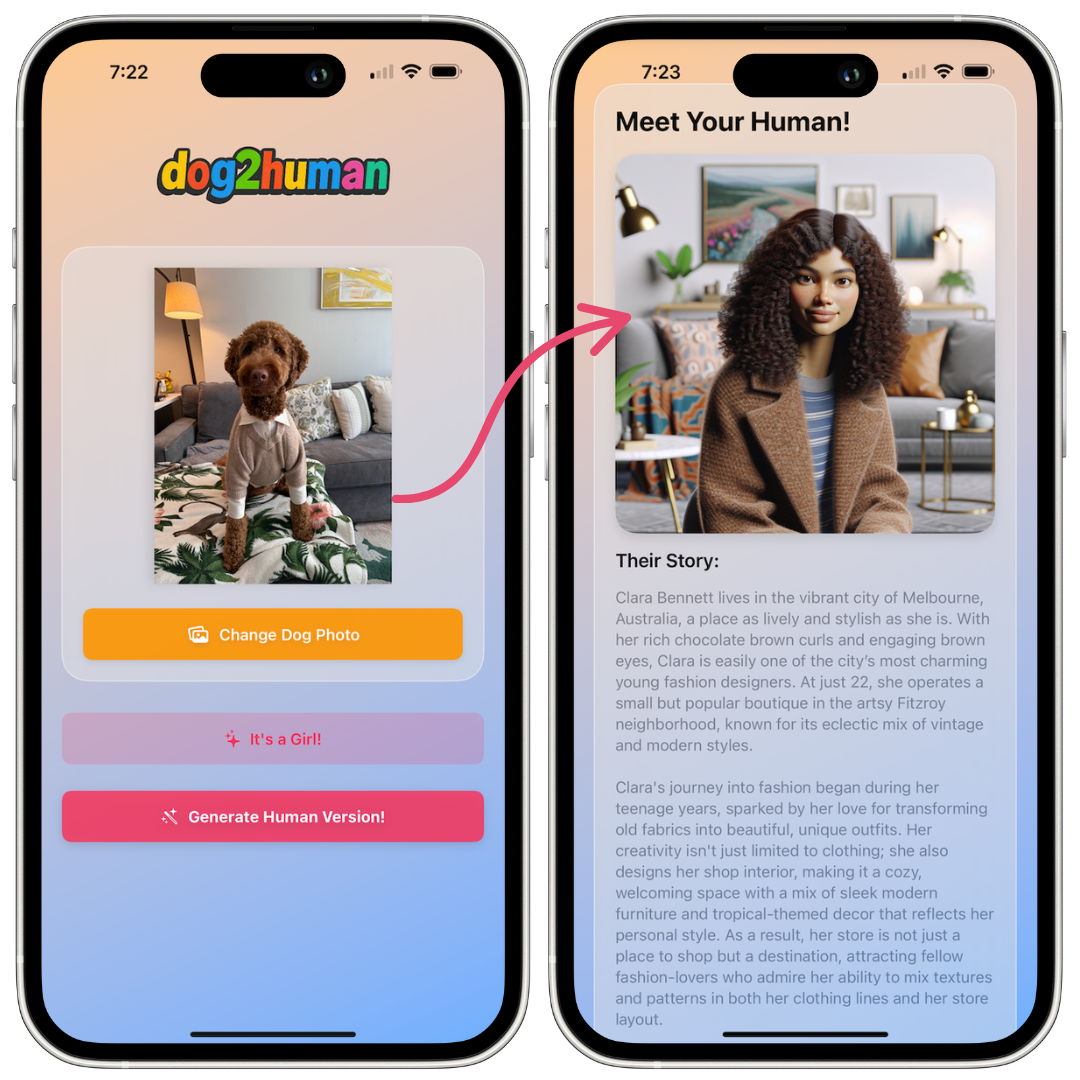 Dog to human AI transformation example using the dog 2 human app