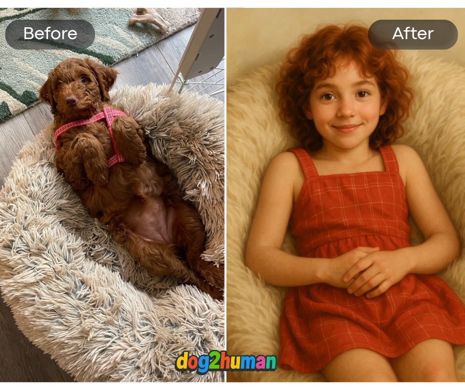 Before and after example of a dog transformed into a human girl using the dog 2 human AI app, showing a brown puppy and a red-haired girl.